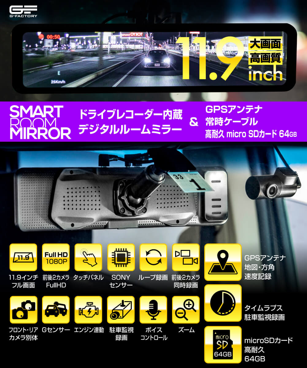 スマートルームミラー SH2＋GPS＋常時駐車監視ケーブル＋SDカード