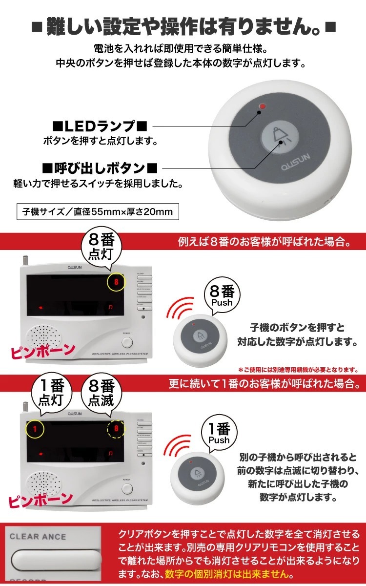 ワイヤレスチャイム コードレスチャイム 業務用 呼び出し 子機 1個 白