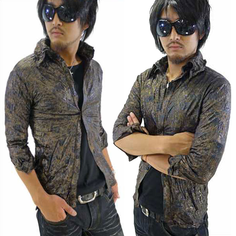 閉店セール】パイソン柄 7分袖 シワ加工 襟ワイヤー入りシャツ