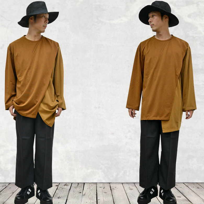 メンズ アシンメトリーカットソー 長袖Tシャツ 切り替え 丸首 ビッグシルエット オーバーサイズ ゆったり ドレープ ブラウン ブルー M L 送料無料 |  | 01
