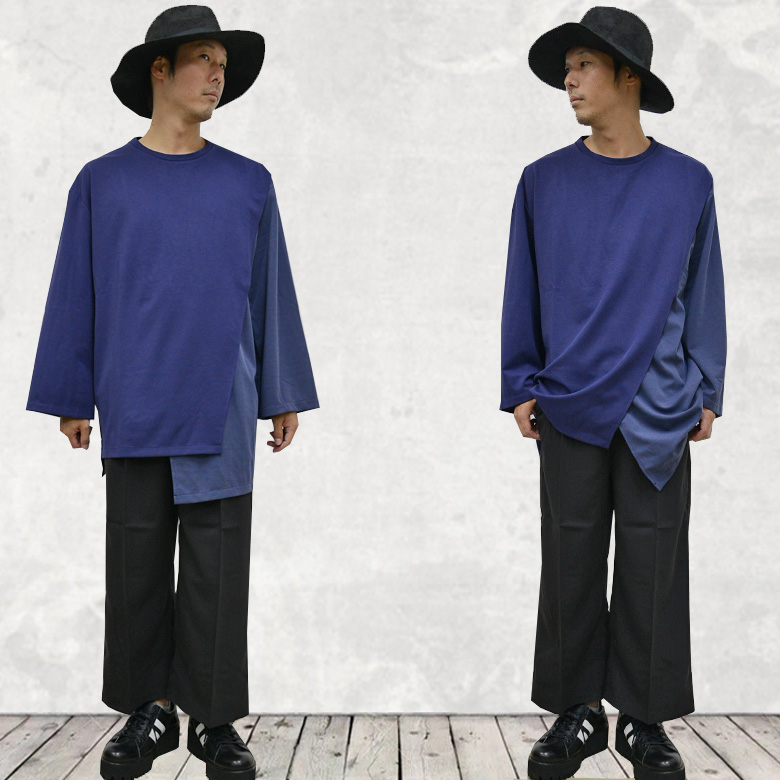 メンズ アシンメトリーカットソー 長袖Tシャツ 切り替え 丸首 ビッグシルエット オーバーサイズ ゆったり ドレープ ブラウン ブルー M L 送料無料 |  | 02