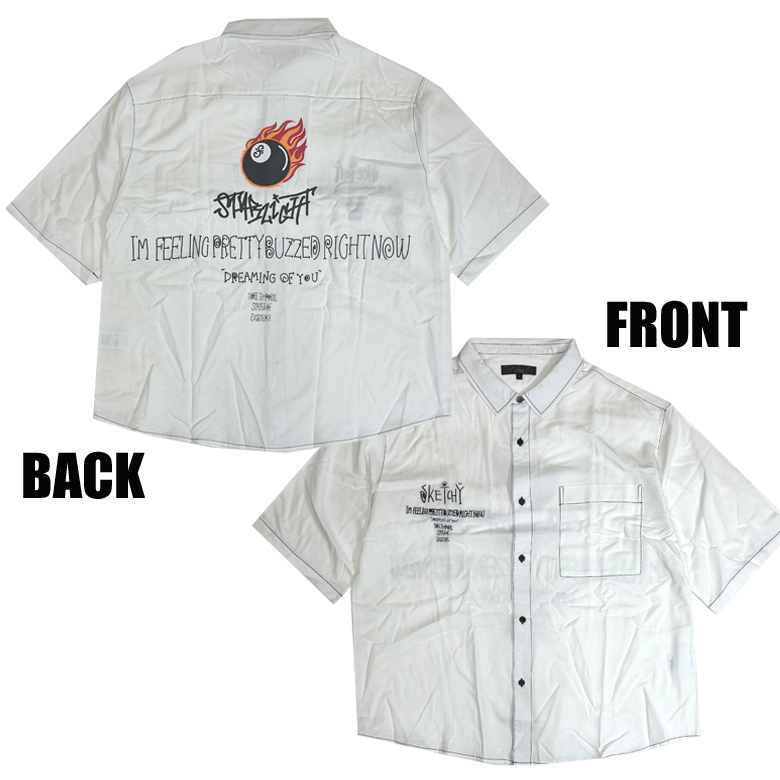 とろみ素材 ボーリングシャツ風 ビックシルエットビリヤード柄 半袖シャツ メンズシャツ ビッグシャツ 半袖シャツ ホワイト ブラック M L ネコポス送料無料｜ghr-store｜02