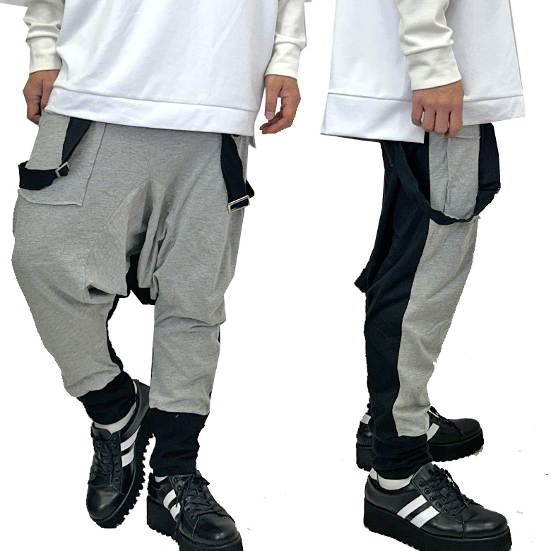 閉店セール】サスペンダー付き バルーン切替 サルエル ジョガーパンツ