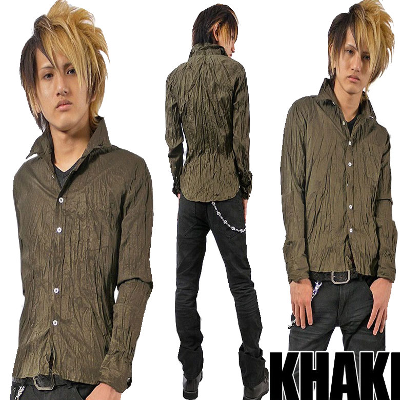 閉店セール】長袖シャツ メンズ 長袖シャツ シワ加工シャツ ロング