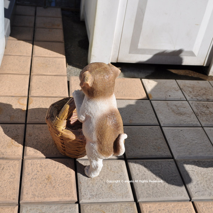 ドッグ置物【子犬のバスケット】プランター（穴あり）お水が流れるお花