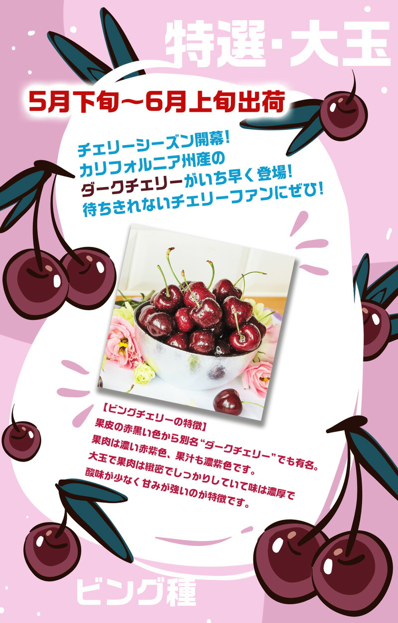 アメリカンチェリー　カリフォルニア州産　ダークチェリー　大粒【1kg】高級・特選アメリカンチェリー