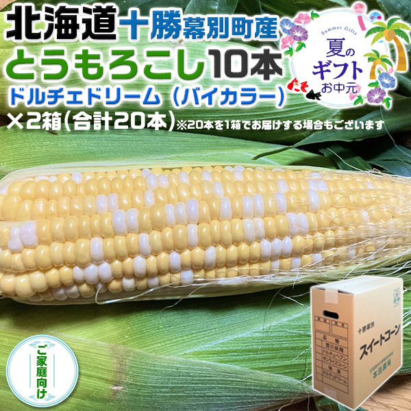 北海道 十勝 幕別町産 とうもろこし　ドルチェドリーム (バイカラー)10本セット×2箱(合計20本)