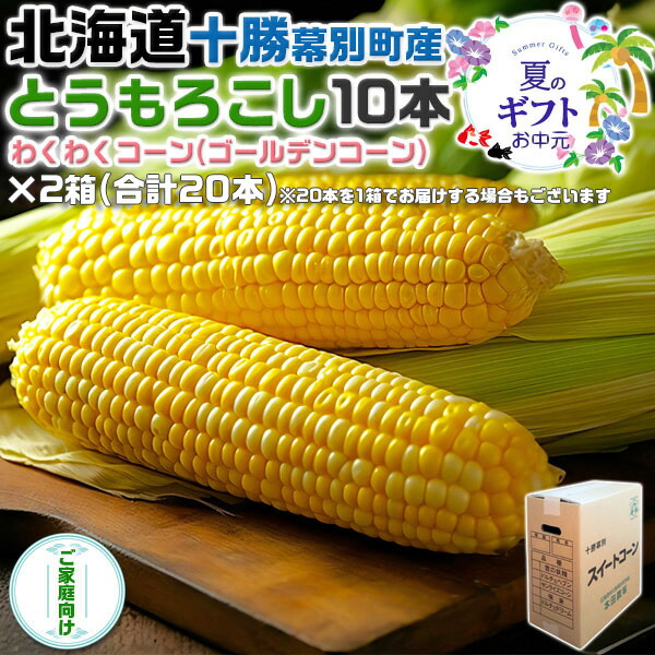 北海道 十勝 幕別町産 とうもろこし　わくわくコーン(ゴールデンコーン)10本×2箱(合計20本)