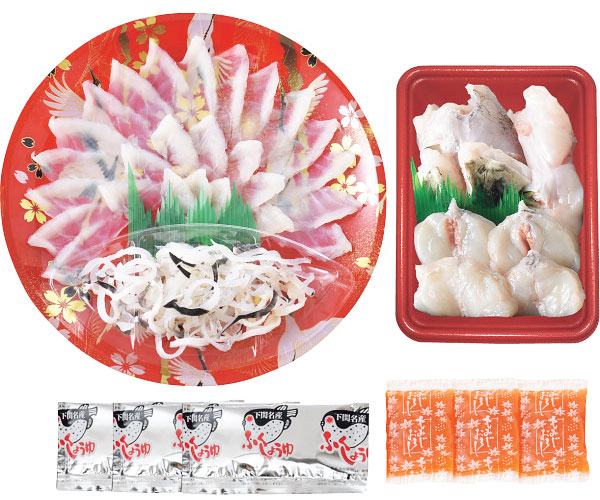 とらふく料理セット とらふぐ刺身（２２cm皿）４０g、とらふぐ皮、とらふぐちり、ふく醤油 ほか