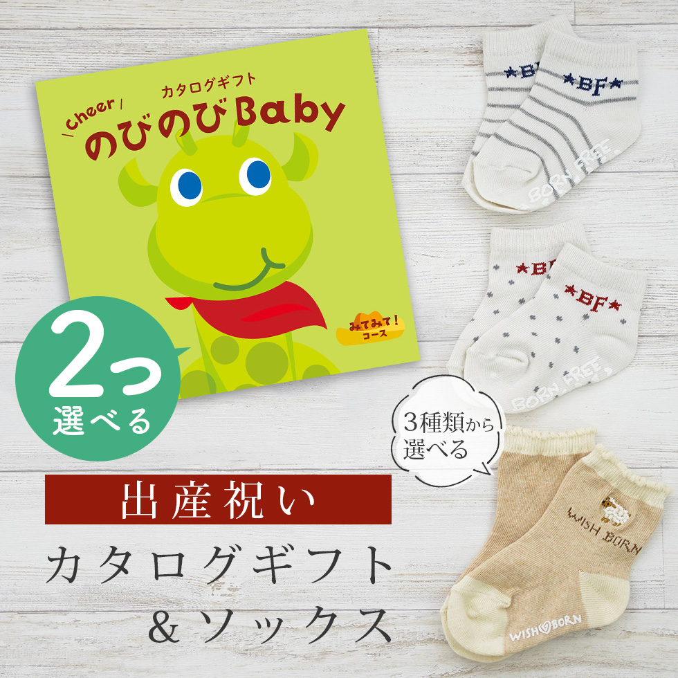 出産祝い カタログギフト のびのび Baby 2つ選べる みてみて！コース＆ ソックス セット 新作商品【 靴下 3種から選べる 11cm 12cm 13cm ビセラ 日本製】