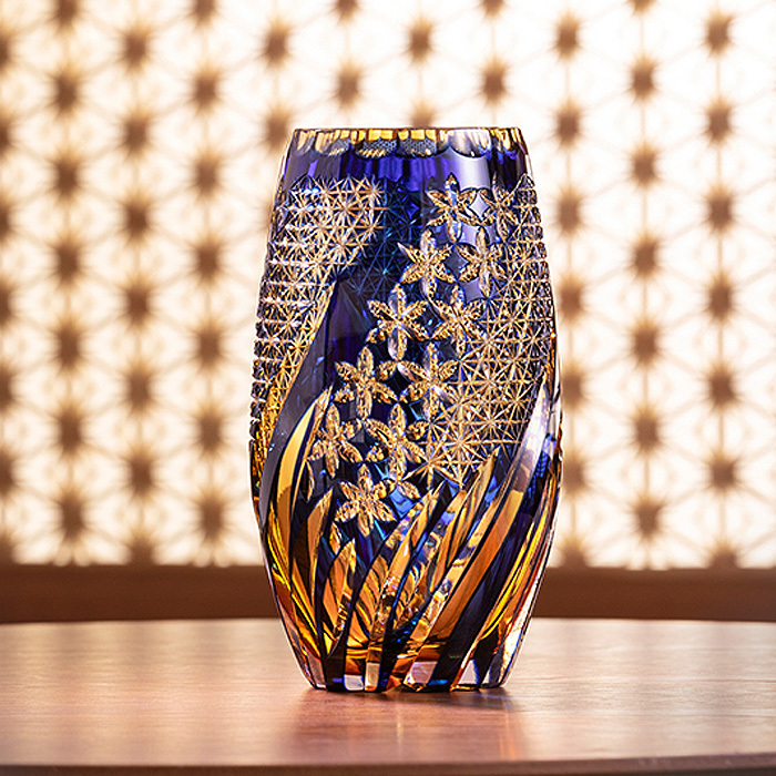 ( カガミクリスタル / ガラス ) 江戸切子 花瓶 ( 組子格子 / 伝統工芸士 / 野口友和 ) 切り子 クリスタル フラワーベース
