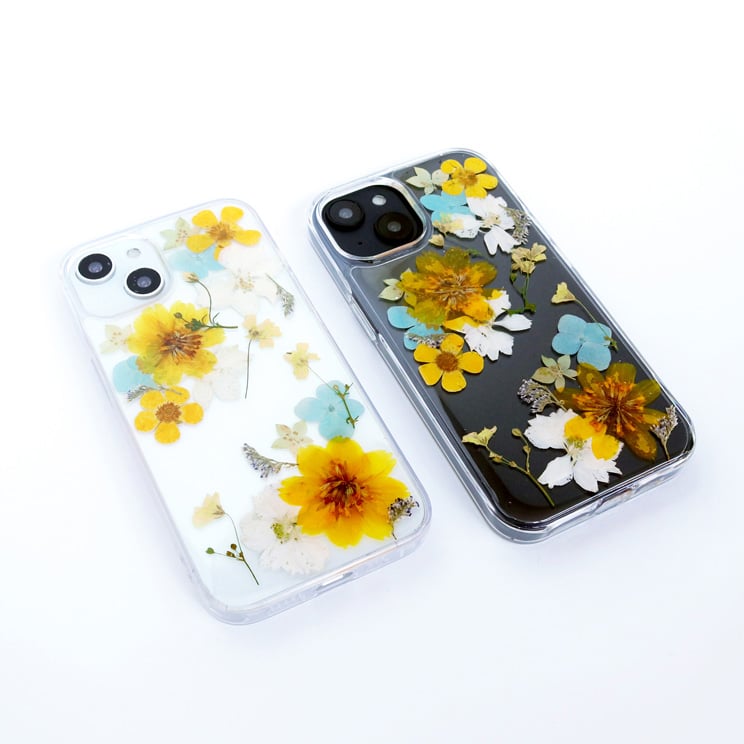 ハンドメイド押し花スマホケース　黄花コスモス テキスタリアン イエローコスモス 押し花 iPhoneケース iPhone
