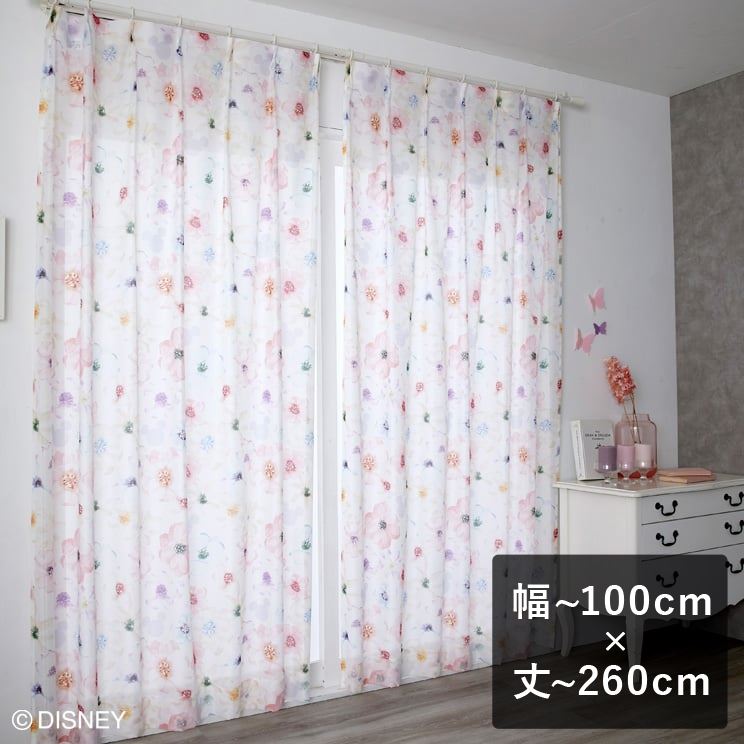 レースカーテン スミノエ ディズニー 「MICKEY Aroma アロマ ローズ」 幅〜100cm×丈〜260cm