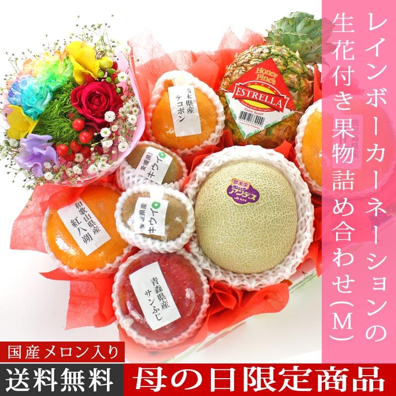 レインボーカーネーションの生花付き果物詰め合わせ