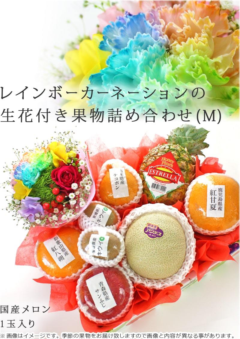 レインボーカーネーションの生花付き果物詰め合わせ