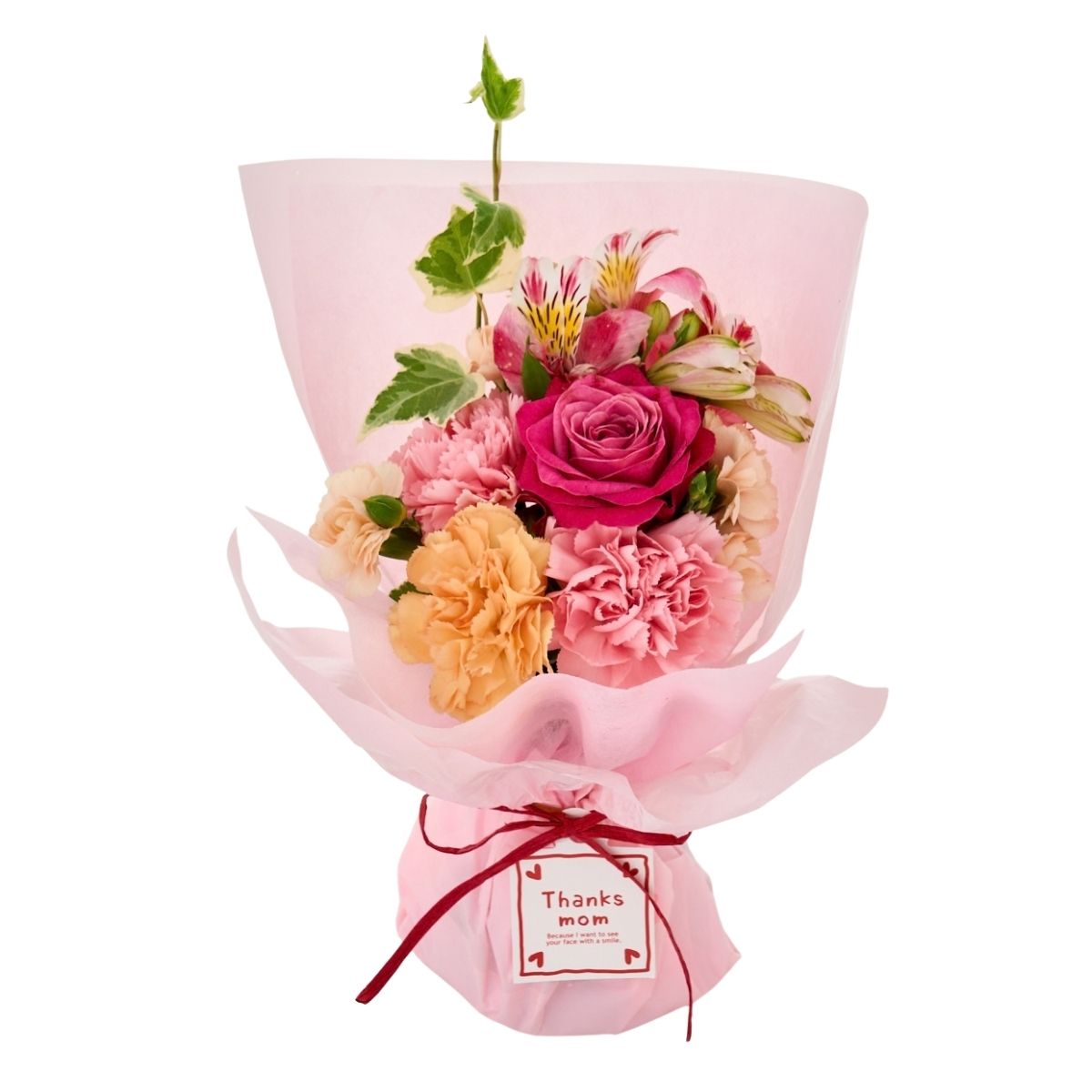 母の日　バラ　カーネーション　ユリ　リシアンサス　オンシジューム　花束生花ブーケ アデリー 【母の日専用】そのまま飾れるバラとカーネーションのブーケ