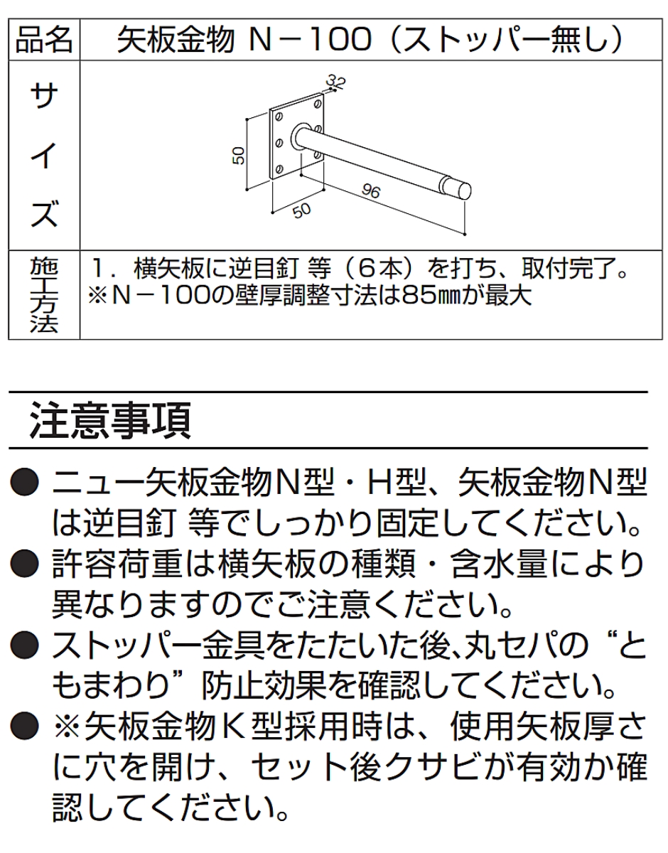 岡部 矢板金物 N100ストッパー無し 釘止め用 1セット 200個入