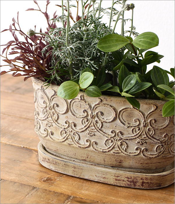 植木鉢 プランター セメント 受け皿付き オーバル 楕円 アンティーク