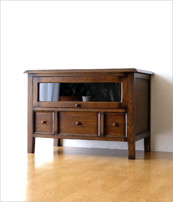 クラシック木製テレビ台 4引き出し付き　キャビネット　アンティーク調 テレビ台 TV台 レトロ アンティーク 木製 無垢材 ナラ材 天然木 ガラス
