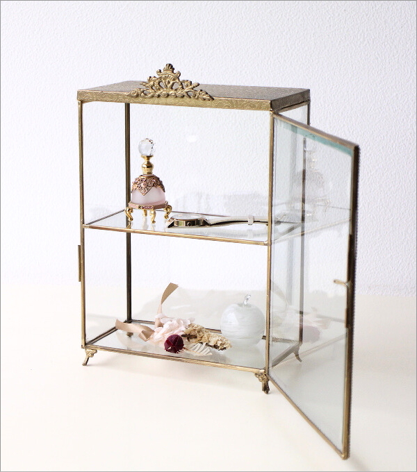 ショーケース 卓上 アンティーク ゴールド ガラス 透明 小物入れ 2段