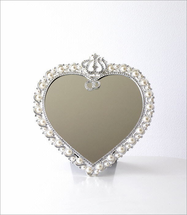 鏡 壁掛けミラー 卓上ミラー ハート型 パール ビジュー エレガント