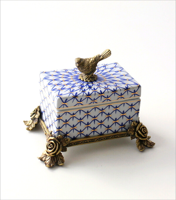 【2個セット】インテリア雑貨 シノワズリ ボックス 鳥 陶器 小物入 おしゃれ 小物入れ 陶器 ふた付き アンティーク おしゃれ 鳥 卓上収納 バラ 真鍮