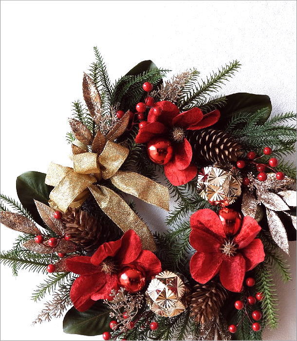 クリスマスリース おしゃれ 玄関 大きい 50cm リボン 花 豪華 飾り