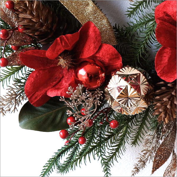 クリスマスリース おしゃれ 玄関 大きい 50cm リボン 花 豪華 飾り