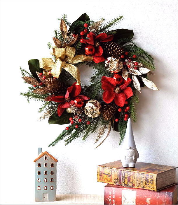 クリスマスリース おしゃれ 玄関 大きい 50cm リボン 花 豪華 飾り