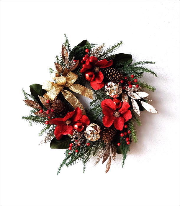 クリスマスリース おしゃれ 玄関 大きい 50cm リボン 花 豪華 飾り