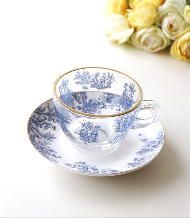 ガラス製ティーコーヒーカップ カップ＆ソーサー1客 花柄 琺瑯質彩カップ 桜咲くチェック模様ガラスのカップアンドソーサー ティーカップ