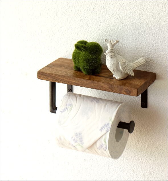 トイレットペーパーホルダー アイアン おしゃれ アンティーク 木製 棚