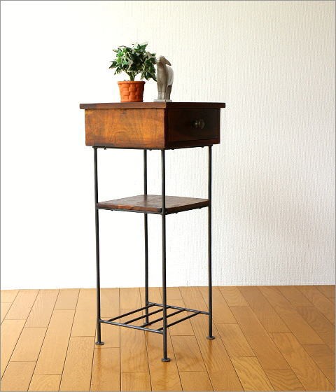 電話台 木製 アイアン スリム サイドテーブル 花台 ハイスタンド 