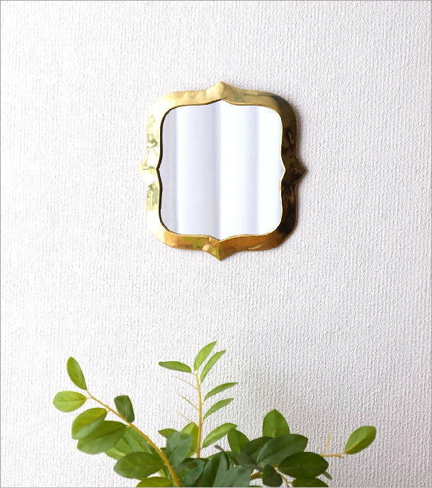鏡 壁掛けミラー 真鍮 アンティーク レトロ ウォールミラー ゴールド