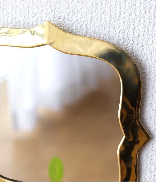 鏡 壁掛けミラー 真鍮 アンティーク レトロ ウォールミラー ゴールド