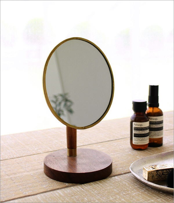 鏡 卓上ミラー メイクミラー アンティーク おしゃれ 木製 丸 ラウンド