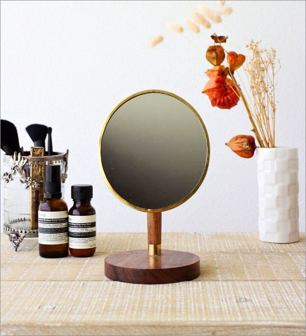 鏡 卓上ミラー メイクミラー アンティーク おしゃれ 木製 丸 ラウンド