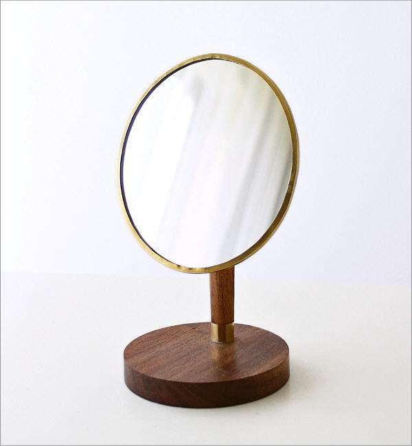 鏡 卓上ミラー メイクミラー アンティーク おしゃれ 木製 丸 ラウンド