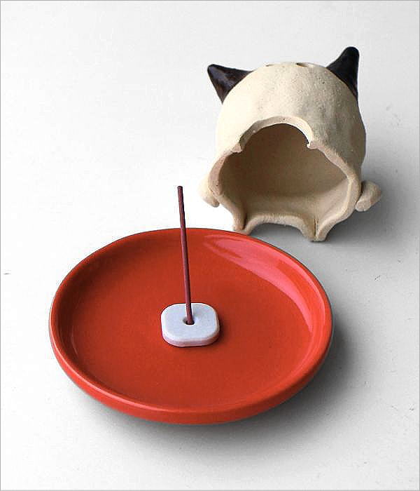 香炉 お香立て 猫 皿付き 陶器 スティック コーン 置物 オブジェ イン