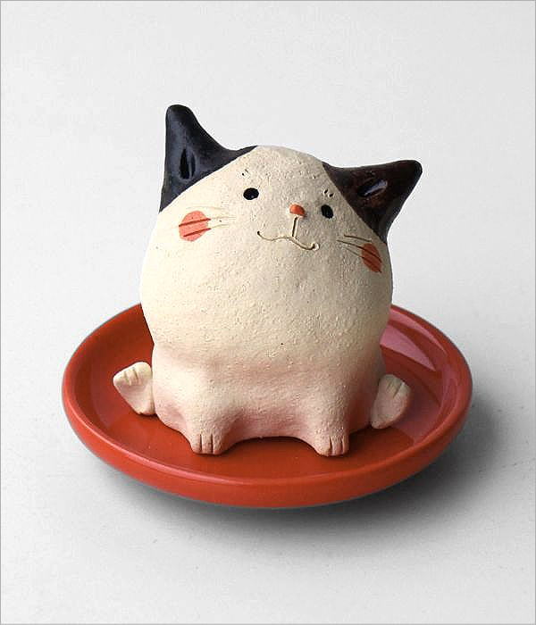 香炉 お香立て 猫 皿付き 陶器 スティック コーン 置物 オブジェ イン