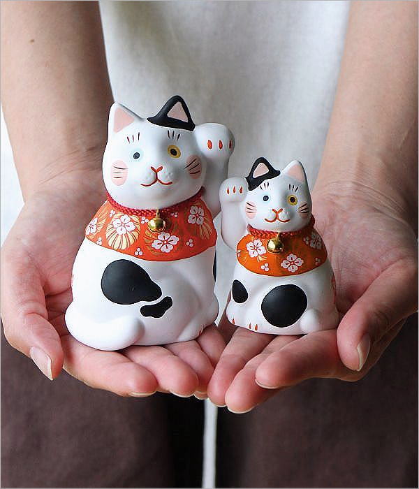 招き猫 置物 かわいい オブジェ 右手 左手 親子 ペア 招福万来 開運