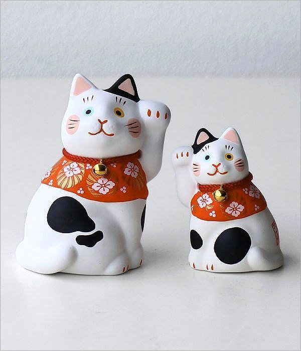 置物 小物入れ かわいい猫の親子 招き猫 (ベージュ) 招き猫 置物 かわいい オブジェ 右手 左手 親子 ペア 招福万来 開運