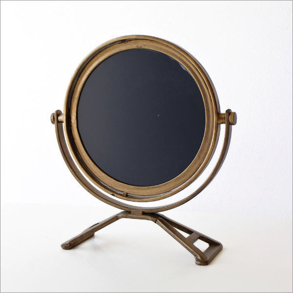 アンティーク　アイアン　スタンドミラー 鏡 卓上ミラー スタンドミラー テーブルミラー 丸型 アイアン
