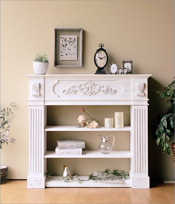 木製マントルピース 白 ホワイト アンティーク マントルピース 白 収納 本棚 アンティーク インテリア クラシック