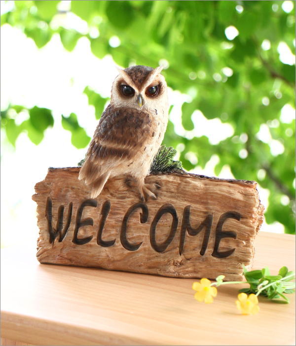 ふくろう 置物 フクロウ オブジェ WELCOME 木彫り風 ウェルカムサイン