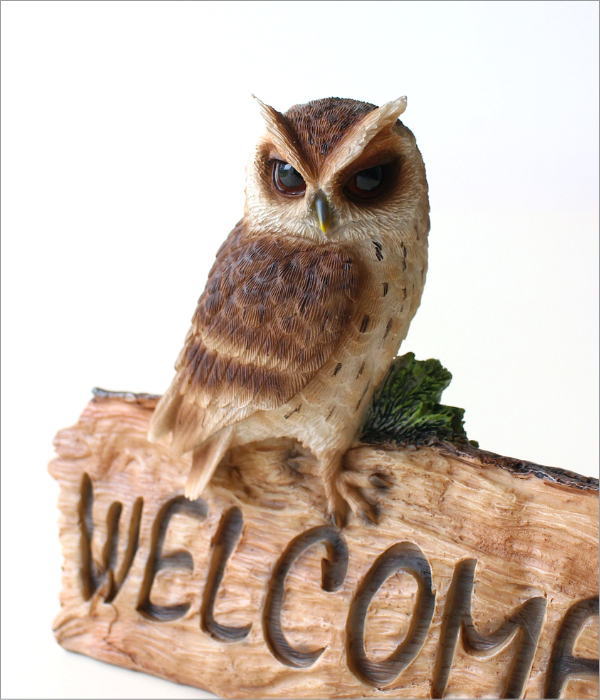 ふくろう 置物 フクロウ オブジェ WELCOME 木彫り風 ウェルカムサイン
