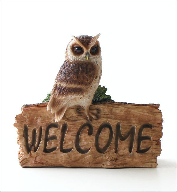 ふくろう 置物 フクロウ オブジェ WELCOME 木彫り風 ウェルカムサイン