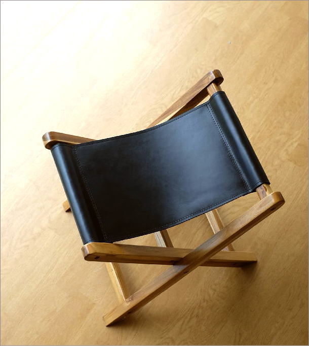 スツール 木製 レザー 本革 折りたたみ おしゃれ 玄関 椅子 チェア 無垢 天然木 ナチュラル 黒 ブラック チークと本革の折り畳みスツール B