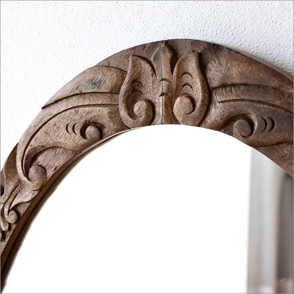 鏡 壁掛け 木製 ミラー 高さ70cm 楕円 彫刻 洗面 ウォールミラー 姿見