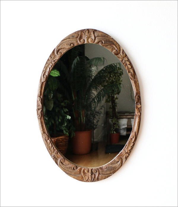 鏡 壁掛け 木製 ミラー 高さ70cm 楕円 彫刻 洗面 ウォールミラー 姿見